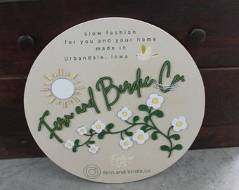 Sun Fern Birdie Social Handle Custom Sign Round Business Signage Boutique Made to Order Store Front Small Shop Logo Circle Wooden Handmade