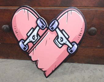 Heart Skateboard Cutout Printed Valentines Day Rocker Wooden Wall Art Skater Gift Broken Love Grunge Hipster Skate Park Punk