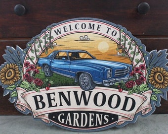 Sustainable Textured Garden Vintage Car Oval Contour Custom Made Sign Your Logo PVC All Weather Outdoor Fade Resistant UV Printed Color