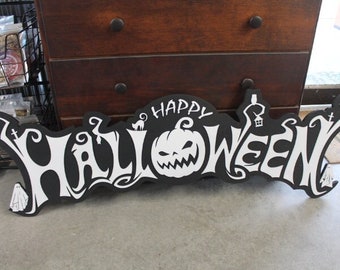 Halloween White and Black Jack O Lantern Ghost Sheet Boo Owl Wooden Decor Fall Autumn Decoration Sign  Haunted Grave Yard Theme