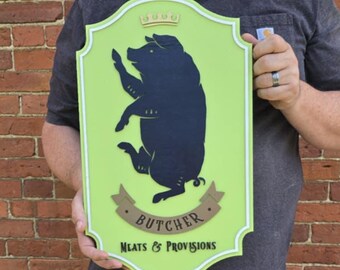 Pig Butcher Sign: Handmade Meat Market Kitchen Decor