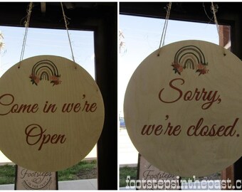 Small Business Sign Open Closed Double Sided Round Hanging Sign Design Custom Circle Personalized Plaque Wall Art Color Wood Print Door Sign