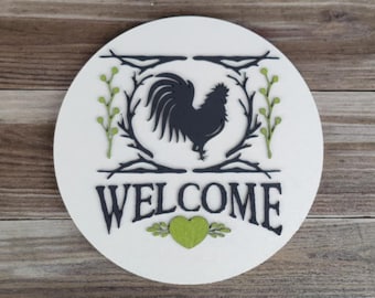 Rooster Welcome Sign Farmhouse Wood Door Hanger  Rustic Country Home Decor Layered Round Porch Sign Chicken Kitchen Wall Art 3D Laser