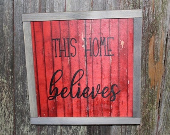 Framed This House Believes Wood Sign Santa Claus Pallet Sign Red Barn Siding Christmas Decor Print Wall Art Decoration Wall Hanging