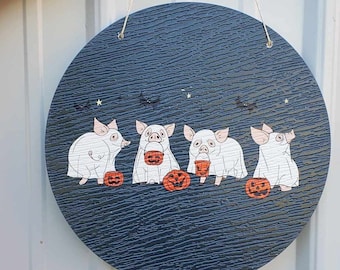 Pigs Piglets Ghost Baby Farm Animals Trick or Treat Halloween Dress Up Fall Autumn PVC Weather Proof Printed Doorhanger Outdoor