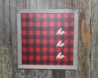 Framed HO HO HO Wood Sign Red Buffalo Plaid Text Pallet Sign Christmas Décor Print Wall Art Decoration Wall Hanging Farmhouse Rustic Santa