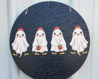 Chicks Hen Bucket Cute Halloween Ghosts Chicken Dress Up Trick or Treat PVC Weather Proof Printed Doorhanger Outdoor