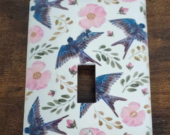 Blue Bird Swallow Floral Flowers Spring Printed in Color Light Switch Cover Plate Durable Baby Room Kids Room