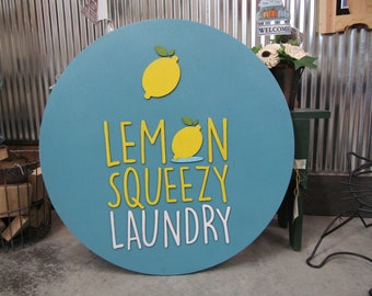 Lemon Sign Laundry Lemonade Squeezy Blue Yellow Custom Commerical Signage Round Circle Sign 3D Raised Handmade Wooden Business Sign