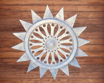 Rustic Wood Sunburst Wall Art – Farmhouse Compass Star Sign – Handcrafted Americana Decor – Weathered Wood Home Accent