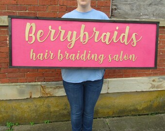 Custom Berry Braids Hair Salon Signage Commerical Business Sign Bright Pink Gold Handmade Wooden Large Entrance Sign Building Outdoor Walkin