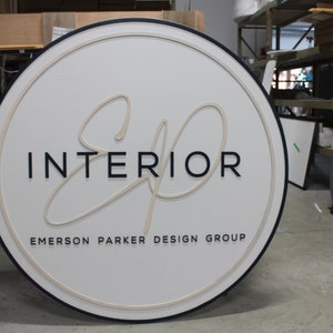 Custom Sign Round Business Interior Designer Group Commerical Signage Made to Order Logo Circle Wooden Handmade Raised Text Home Minimalist