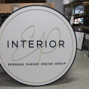 Custom Sign Round Business Interior Designer Group Commerical Signage Made to Order Logo Circle Wooden Handmade Raised Text Home Minimalist image 1