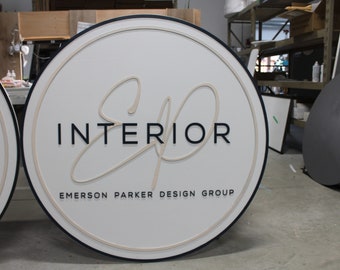 Custom Sign Round Business Interior Designer Group Commerical Signage Made to Order Logo Circle Wooden Handmade Raised Text Home Minimalist