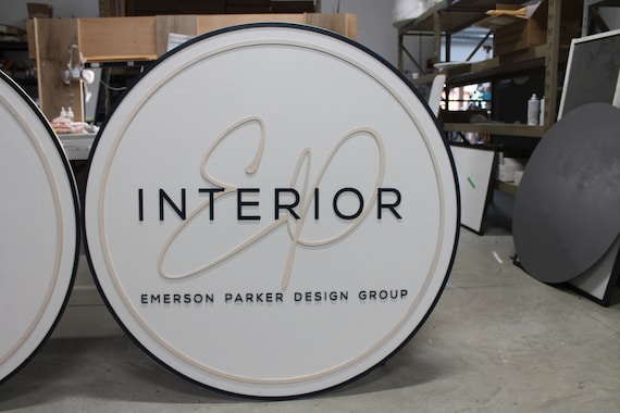 Custom Sign Round Business Interior Designer Group Commerical Signage Made to Order Logo Circle Wooden Handmade Raised Text Home Minimalist