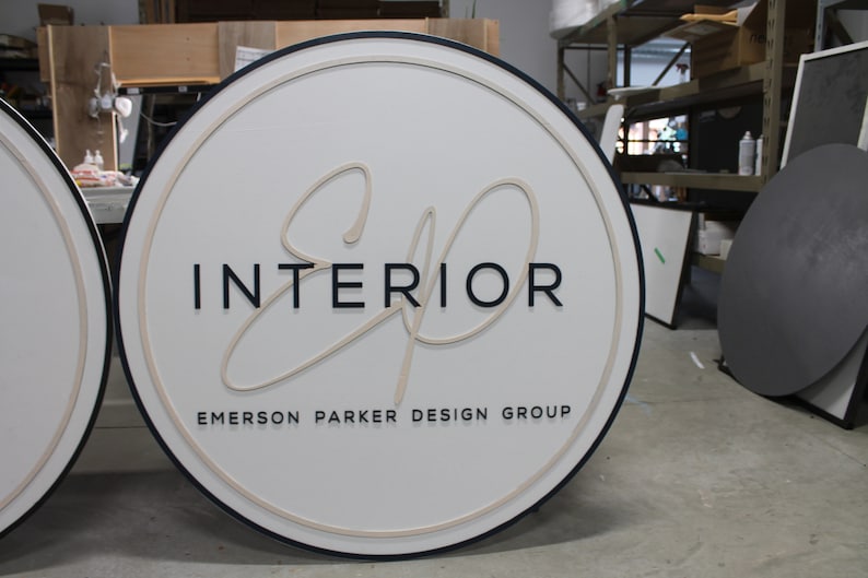 Custom Sign Round Business Interior Designer Group Commerical Signage Made to Order Logo Circle Wooden Handmade Raised Text Home Minimalist image 1