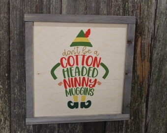 Framed Elf Christmas Sign Wood Cotton Headed Ninny Muggins Décor Print Wall Art Decoration Wall Hanging Farmhouse Rustic Funny