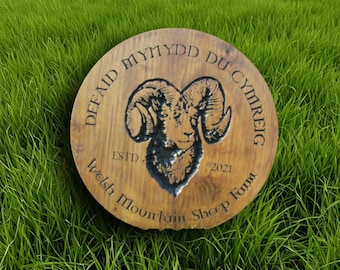 Engraved Welsh Mountain Sheep Farm Sign • Custom Ram Logo Plaque • Rustic Wood Livestock or Homestead Sign