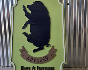 Pig Butcher Sign: Handmade Meat Market Kitchen Decor