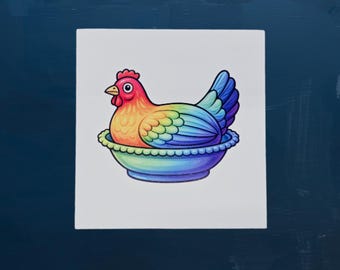 Rainbow Hen in Bowl Sign – Colorful Ceramic‑Style Chicken Illustration on Dark Background for Retro Kitchen or Eclectic Cottage Home Decor