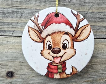 Happy Deer in Santa Hat Ceramic Ornament for holiday tree or decoration