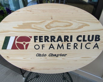 Automotive Car Club Vehicle Engraved Pine Color Filled Routed Sterring Wheel Logo Oval Large Handmade CNC Indoor Outdoor Commerical Signage