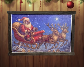 Santa Sleigh Christmas Wall Art – Festive Reindeer Night Sky Print for Holiday Home Decor, Kids Room, or Winter Display