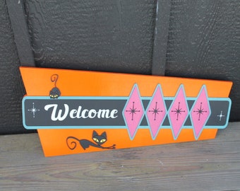Welcome MCM Mid Century Modern Retro Cat Vintage Groovy Cultural Decade Swinging Bright Fun Diamond 3D Raised Handmade Wood Sign Decor