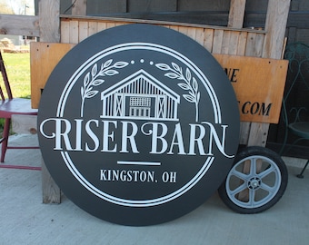 Custom Venue Business Commerical Signage Laurel Outline Line Art Style Made to Order Store Front Small Shop Logo Circle Wooden Handmade