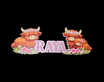 Custom 3D UV Printed Wood Sign – Highland Cow Design with Floral Accents – Personalized Nursery, Farm or Gift Decor