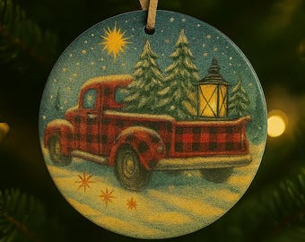 Red Truck & Lantern Ceramic Ornament – Christmas Tree Decoration, Holiday Gift Idea