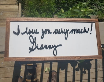 handwriting gift wood sign take your writing and get it cutout of wood and framed great unique for family mom dad brother and sister