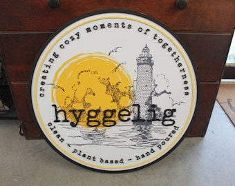 Lighthouse Plant Based Cozy Handmade Custom Wooden Sign Store Your Logo Personalized Hanging Sign Raised Letters Round Printed Image