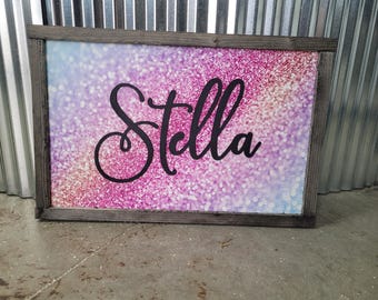 Name Glitter Unicorn Space Wood Sign Raised Text Large Printed Bedroom Hanging Pink Purple  Decor Nursery Playroom Girl Toddler Baby