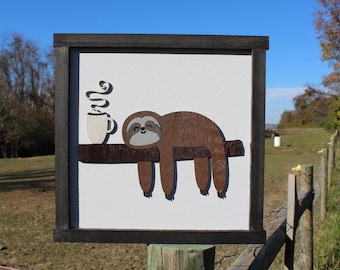 Tired Sloth Drinking Coffee 3D Raised Image Wood Sign Country Primitive Wall Decoration Passed Out Hot Chocolate Energy Sleepy Décor