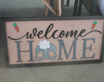 Easter Spring Welcome Home Bunny Butt Rabbit Feet Carrots Cute Decor Welcome Sign Greeting Farm Furry Friend Handmade 3D Wood Sign