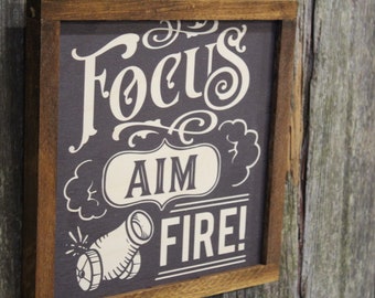 Focus Aim Fire Bathroom Wood Sign Canon Half Bath Wall Art Wall Hanging Farmhouse Rustic Shiplap Funny Humor Retro Scroll Clean Wash