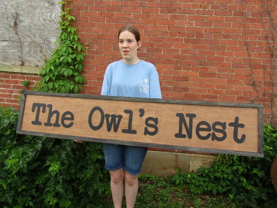 Oversized Large Custom Wooden Sign The Owls Nest Outdoors Commerical Professional Signage Personalized Typewriter Font Bird Handmade 3D