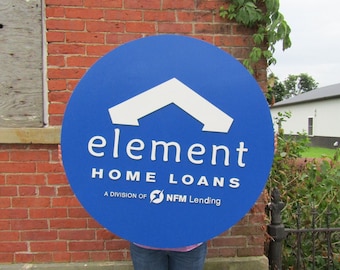 Custom Sign Round Business Commerical Signage Element Mortage Loan Office Made to Order Logo Blue Circle Wooden Handmade Advertising Large