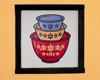 Retro Mixing Bowls Sign – Colorful Stacked Flower‑Pattern Bowls Illustration for Vintage Kitchen, Country Home, or Cottage Decor