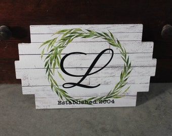 Wreath Pallet Monogram Wood grain Established Gift Wedding Anniversary Letter Last Name rustic White Wood Printed Personalized Wall Art