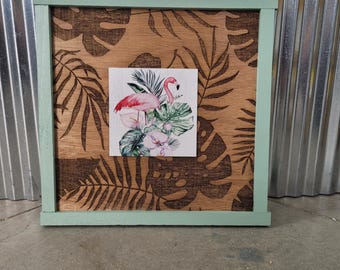 Large Square Tropical Flamingos Beach House Sign Rustic Wood Laser Cut Out 3D Extra Large Sign Palm Leaf Monstera