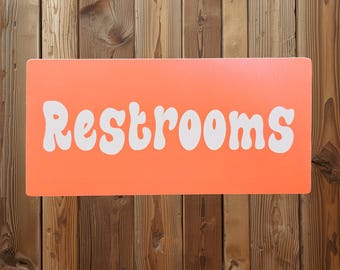 Restrooms Sign – Retro Orange and White Bubble Letter Sign for Small‑Business, Café, or Restaurant Bathroom Door Decor
