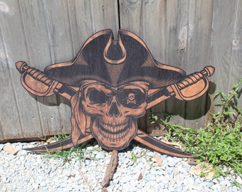 Huge Pirate Skeleton Cut Out UV Printed Halloween Party Theme Wood Wall Decoration Skull Sword Cross Bones Ship Flying Dutchman Nautical