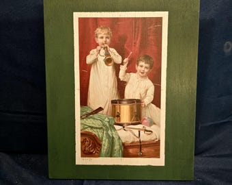 Drummer Boy and Trumpet Player Vintage Holiday Photo Printed on wood Sign for Christmas Display