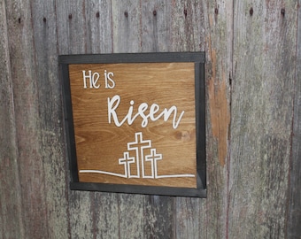 He Is Risen Easter Celebration Wood Sign 3D Raised Text 3 Crosses Rustic Jesus Lives Primitive Decor Wall Hanging Spring Resurrection Day