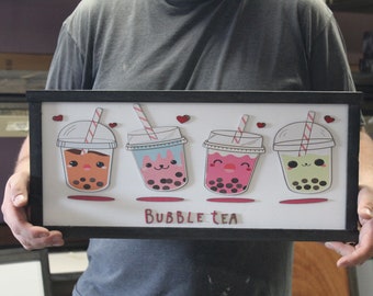 Bubble Tea 3D Wood Sign Cute Fun Emoji Raised Decoration Wall Hanging Decor Teenage Drink Cup Bright Printed and Painted Image Hearts Happy