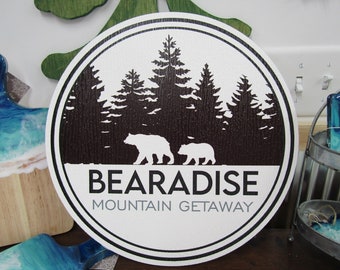 Custom Cabin Textured Weather Fade Resistant Waterproof Printed Color Logo Lodge Pine Trees Woodsy Bears Tennessee PVC Business Sign Outdoor