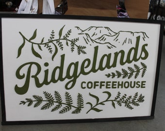 Coffee House Shop Green Leaf Mountain Custom Business Sign Rectangle 3D Large Custom  Indoor Outdoor Small Business Logo Laser Cut Wood Sign