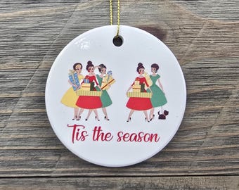 Vintage Holiday Ladies Ornament – Ceramic Christmas Decor with “’Tis the Season” and Gold String